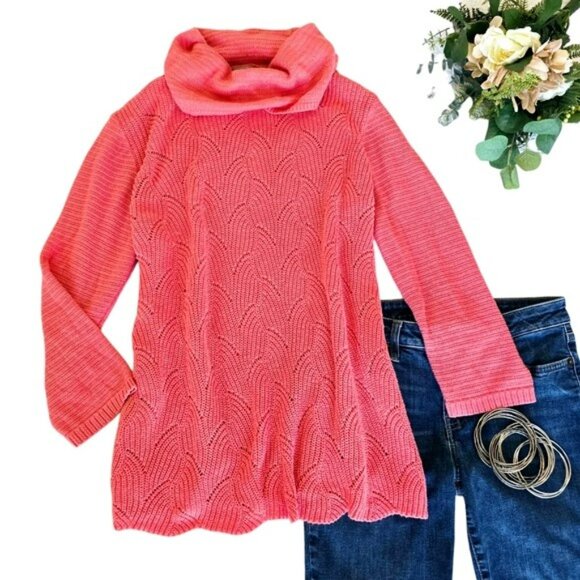 Chico’s 3 Women’s Size Large Coral Pink Knit Cowl Neck Sweater Long Sleeves - Picture 2 of 13